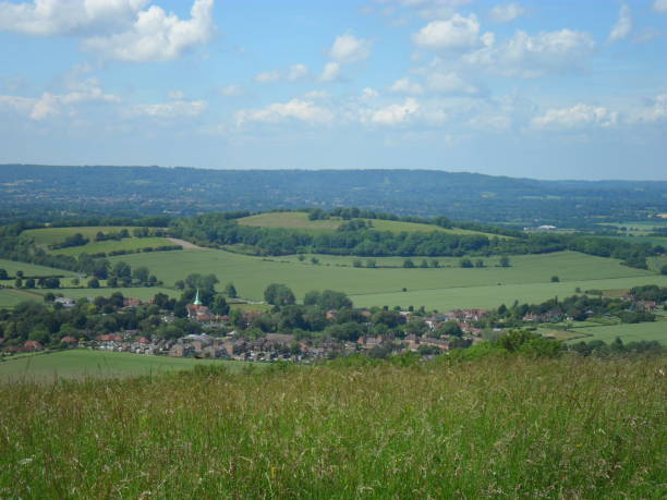 South Harting village View from Harting Hill. Petersfield in Hampshire is visible in the distance petersfield stock pictures, royalty-free photos & images
