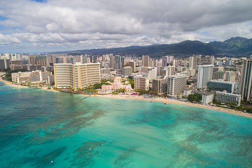 Aerial image of tropical Waikiki Beach Honolulu Hawaii