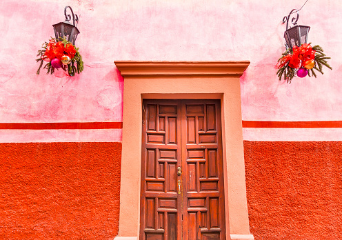 Pink Red Wall Brown Door Christmas Decorations San Miguel de Allende Mexico