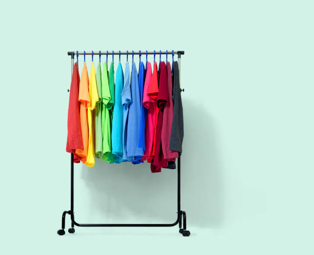 istock Mobile rack with color clothes on light green background 645316050