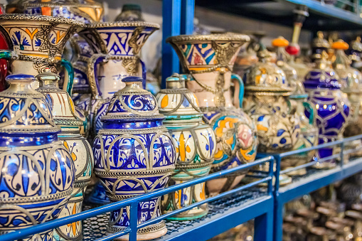Fes, Morocco - May 11, 2013: Moroccan ceramics handicrafts on display in a pottery shop