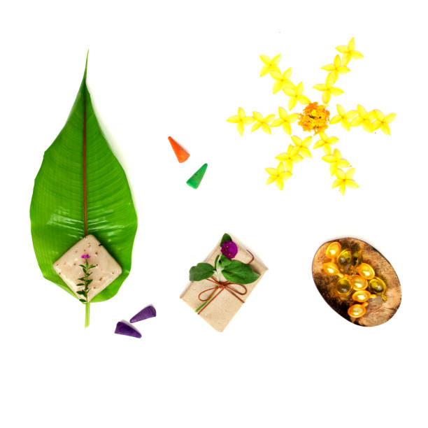 Spa set ,capsule for hair, leaf, soap. Relaxing time aromatherapy . Top view, flat lay