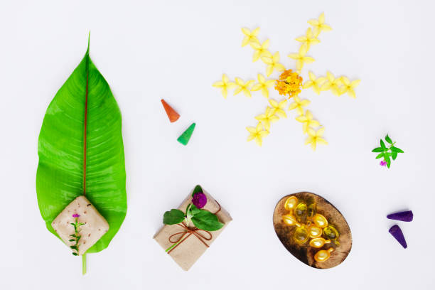 istock Spa set ,capsule for hair, leaf, soap. Relaxing time aromatherapy . Top view, flat lay 645328042