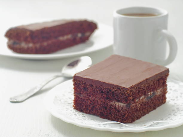 Square piece of chocolate cake with cream filling stock photo