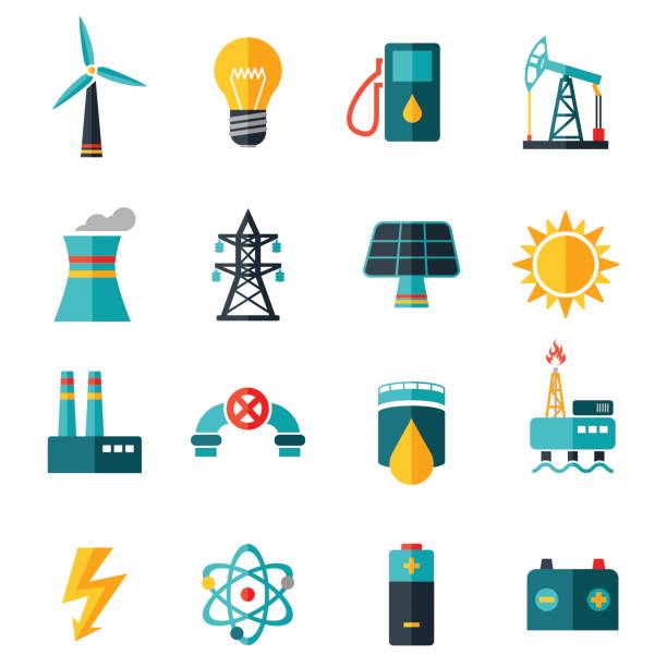 промышленные плоские иконы - иллюстрация - electricity power line power power supply stock illustrations