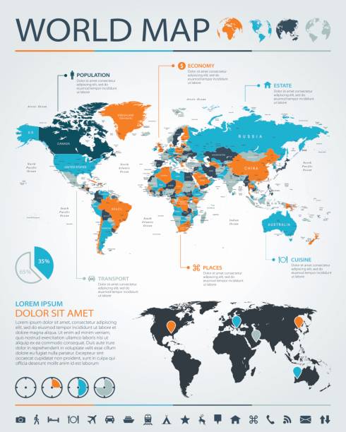 ilustraciones, imágenes clip art, dibujos animados e iconos de stock de mundo mapa - negocio gráfico infografía - ilustración - ariel cisjordania