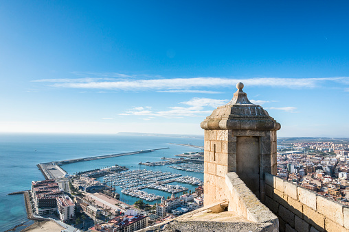 Panoramic view from the watchtower Santa Barbara castle in Alicante. Valencia province. Spain.
