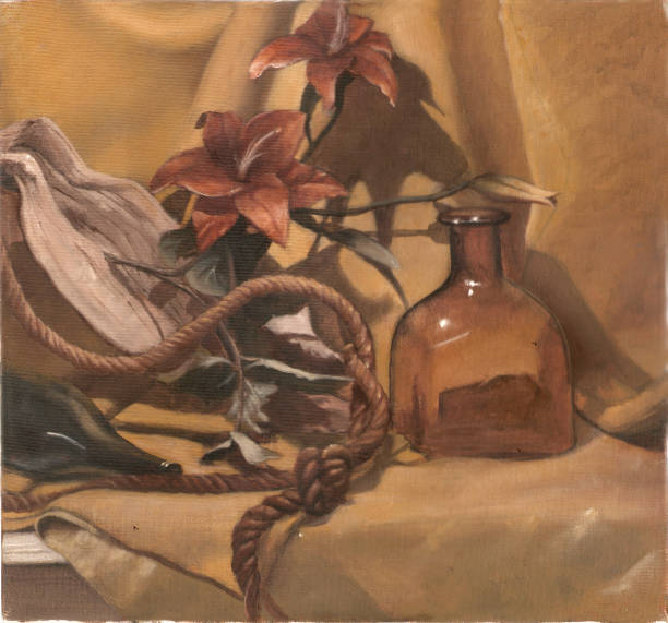 istock still life oil painting of flowers and other objects 645344586