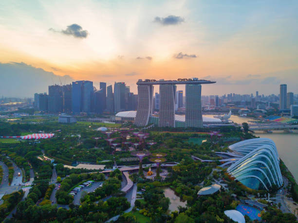 Aerial view of sunrise scene of Marina Bay, Singapore stock photo