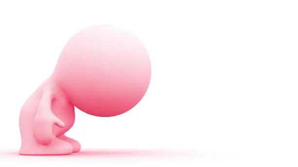pink human character bows to an empty space (3d illustration on a white background)