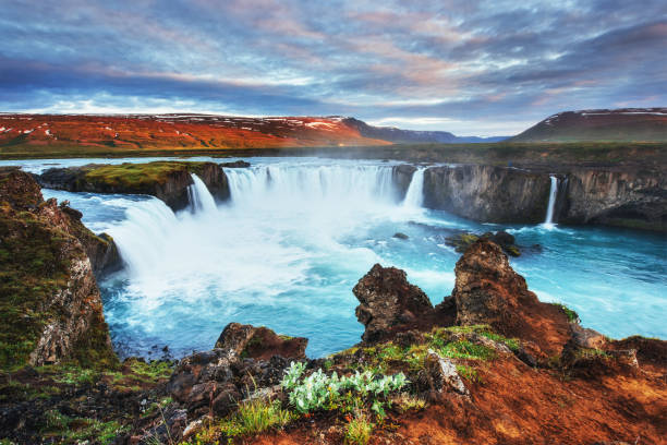 istock Godafoss waterfall at sunset. Fantastic landscape. Beautiful cum 645350982