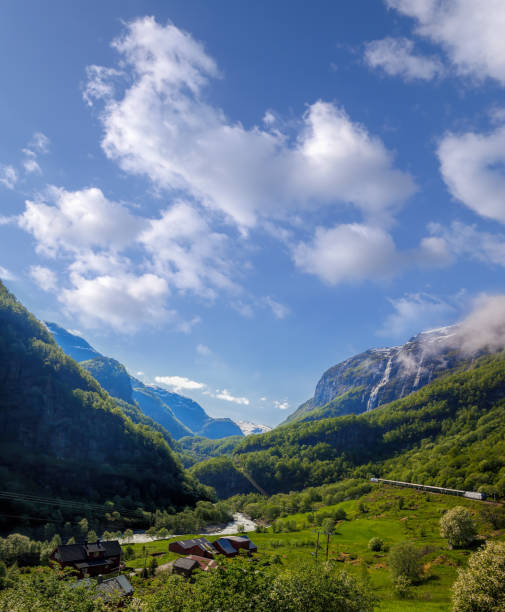 trem entre fiordes, ferrovia de flam de myrdal na noruega - flam aurlandsfjord sognefjord fjord - fotografias e filmes do acervo