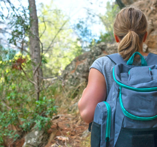 istock Woman with backpack enjoying nature. Back view. 645353890