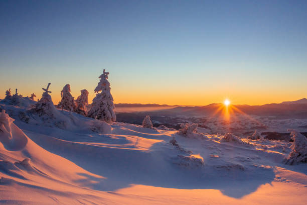 istock Mysterious winter landscape majestic mountains in  sunset. 645357408