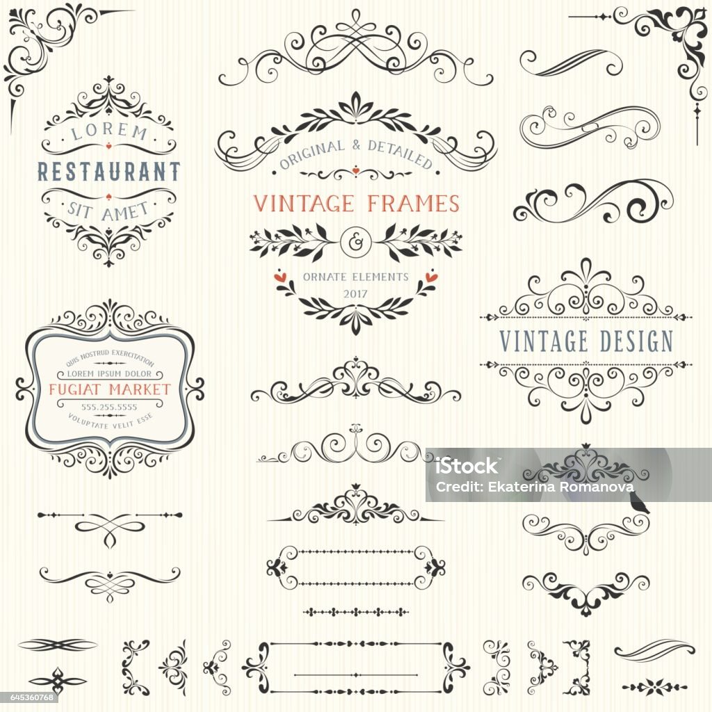 Ornate Design Elements Ornate vintage design elements with calligraphy swirls, swashes, ornate motifs and scrolls. Frames and banners. Vector illustration. Border - Frame stock vector