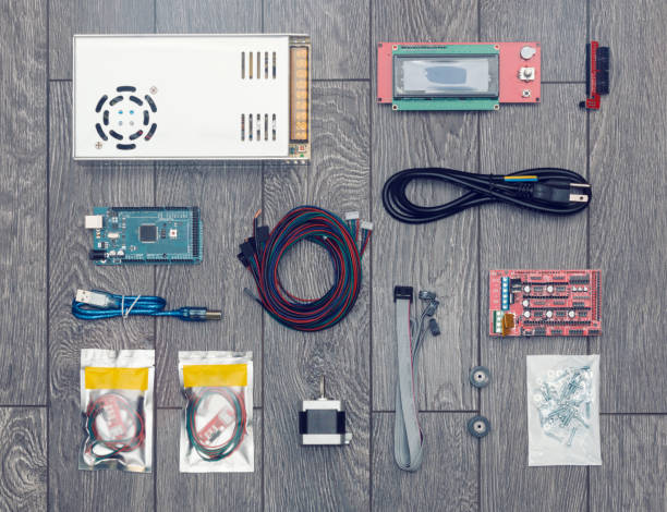 istock Flat lay of electronic and mechanical parts and components 645367192