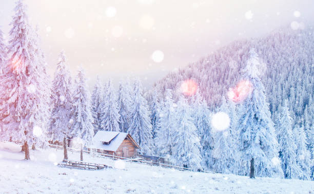 istock cabin in the mountains in winter, background with some soft high 645373454