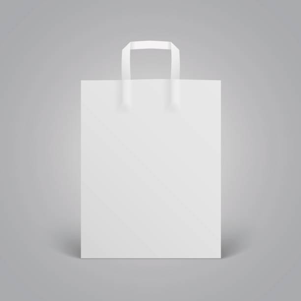 ilustraciones, imágenes clip art, dibujos animados e iconos de stock de maqueta de bolsa de papel blanco con asas en fondo gris - bag white paper bag paper