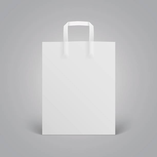 makieta worka z białym papierem z uchwytami na szarym tle - shopping bag white isolated blank stock illustrations