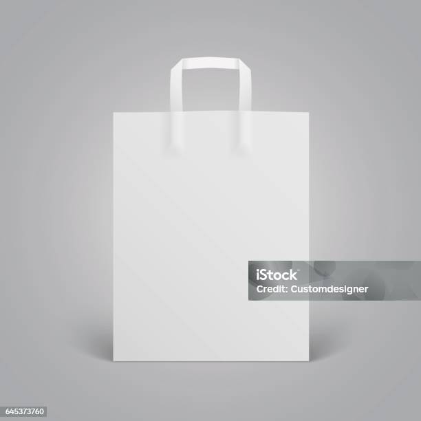 White Paper Bag Mockup With Handles On Grey Background Stock Illustration - Download Image Now