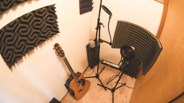 Equipment in a recording studio booth stock photo