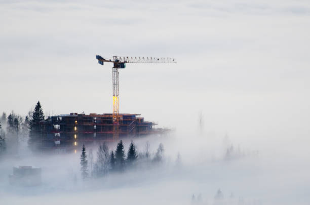 Construction site covered in fog.