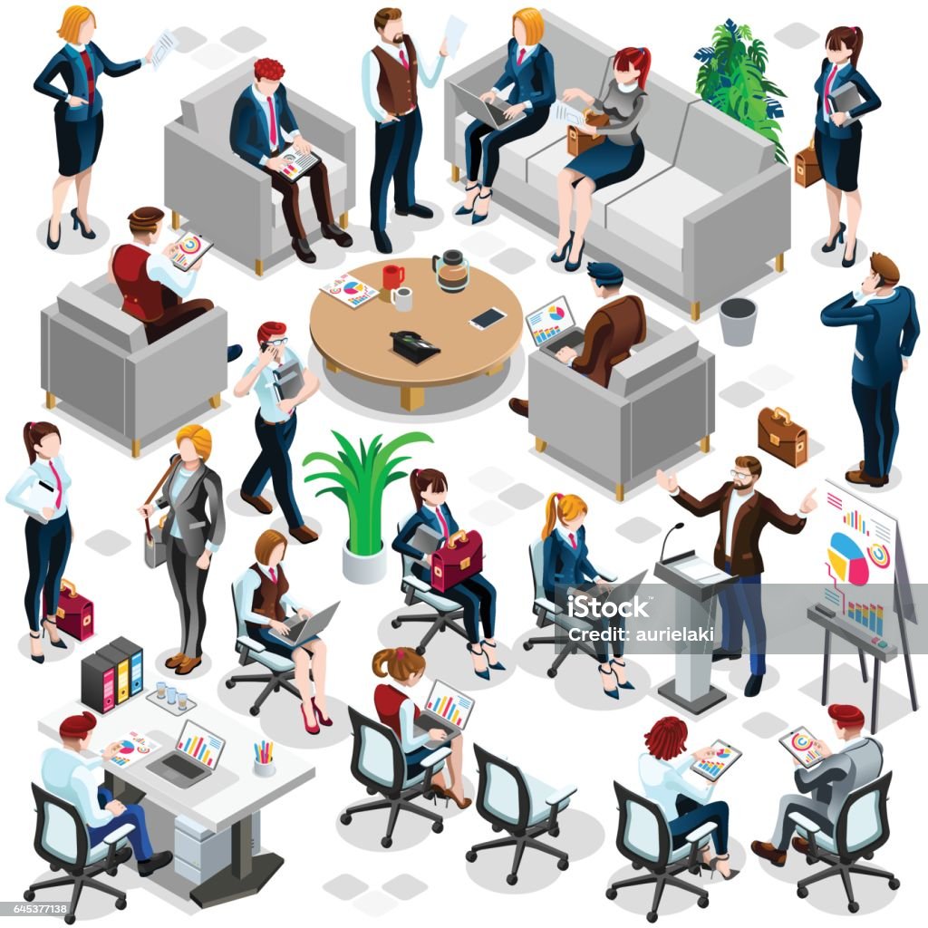 Isometric People Business Crowd Icon 3D Set Vector Illustration Isolated Group of Diverse Isometric Business People. 3D meeting infograph crowd with standing walking casual people icon set. Conference handshake hand shake lot collection vector illustration Isometric Projection stock vector