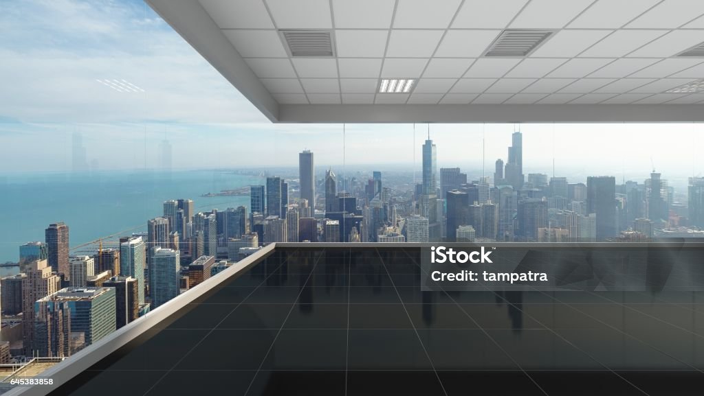 3d Rendering Empty Office With Chicago City Background Interior  Illustration Stock Illustration - Download Image Now - iStock