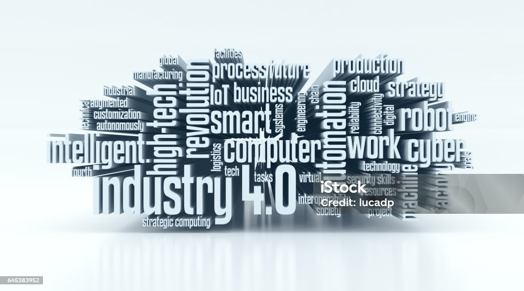concept of industry 4.0 word cloud with terms about industry 4.0 (3d render) Computer-Aided Manufacturing stock illustration