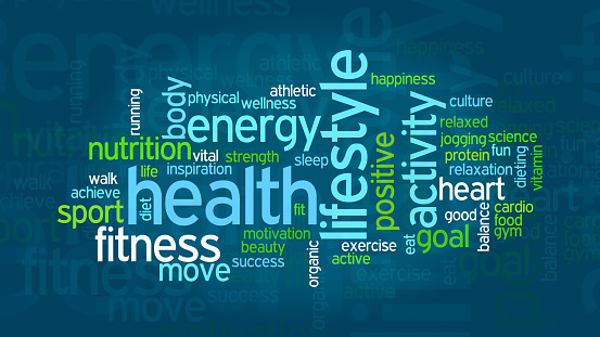 word cloud with terms about health and wellness, flat style