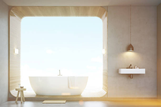 istock Bathroom with sink and wood, front view, toned 645388152
