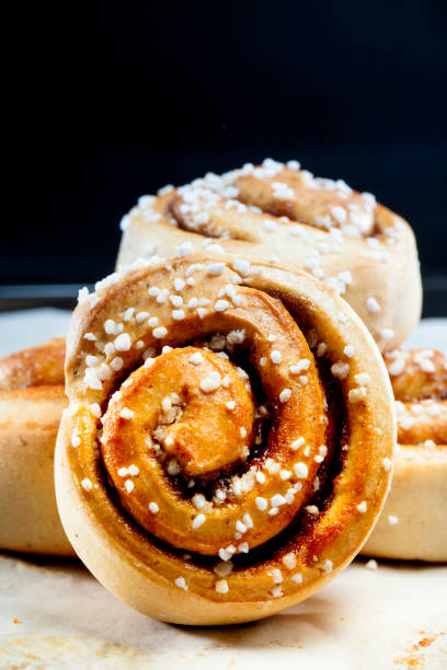 Cinammon buns just baked in the oven, macro shots showing this swedish typical sweets