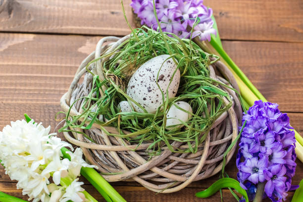 istock Beautiful Easter eggs with flowers hyacinths on the wooden background 645390816