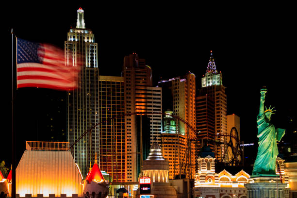 The night photo of New York-New York Hotel and Casino, a famous and popular entertainment complex in Las Vegas Strip, with gambling and accommodation facilities.