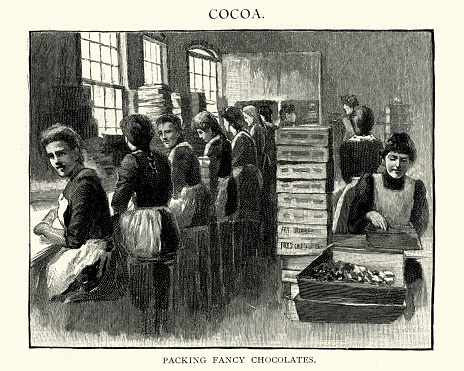 Woman packing fancy chocolates in Fry's victorian choclate factory, 1892