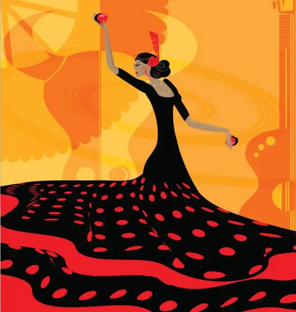 Vector illustration of abstract red-black woman and flamenco