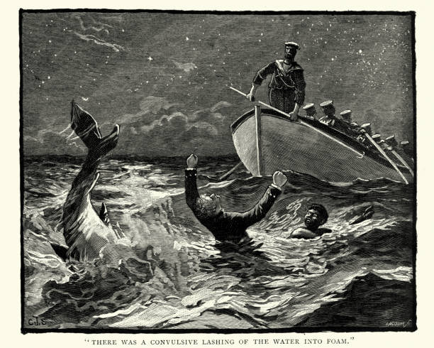Victorian sailor being attacked by a shark. There was a convulsive lashing of the water into foam. 1892
