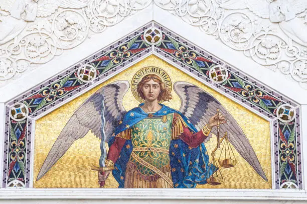 Mosaic of Saint Michael on the Serbian Orthodox Church facade in Trieste