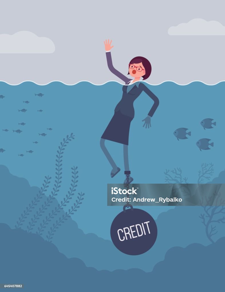 Businesswoman drowning chained with a weight Credit Businesswoman drowning chained with a weight Credit, having low credit score unable applying for credit cards, loans, mortgages. Cartoon flat-style concept illustration Accidents and Disasters stock vector