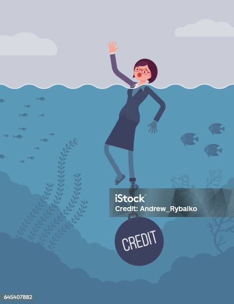 Businesswoman Drowning Chained With A Weight Credit Stock Illustration - Download Image Now