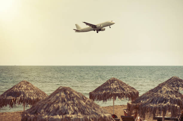 istock The plane landing over the sea at sunset 645419612