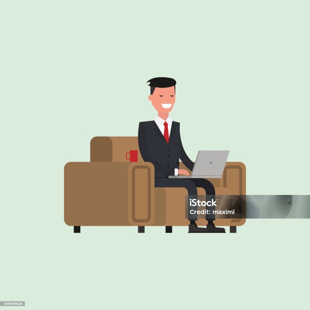 Business people with laptop on a chair Business people with laptop on a chair. Vector illustration flat Adult stock vector