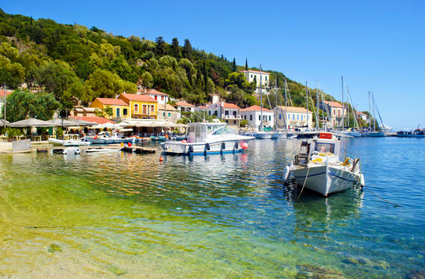 Kioni port at Ithaca Greece Kioni port at Ithaca Ionian islands Greece ithaca stock pictures, royalty-free photos & images