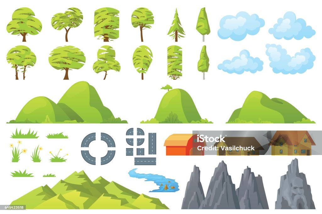 Set of landscape elements Set of landscape elements trees houses hills road rocks mountains grass flowers clouds river Vector illustration Mountain stock vector