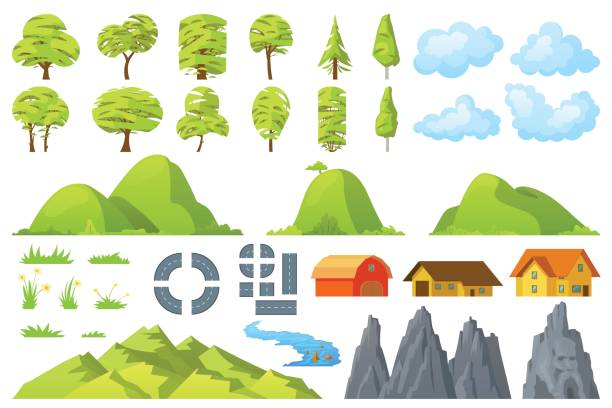 Set of landscape elements Set of landscape elements trees houses hills road rocks mountains grass flowers clouds river Vector illustration hill cartoons stock illustrations