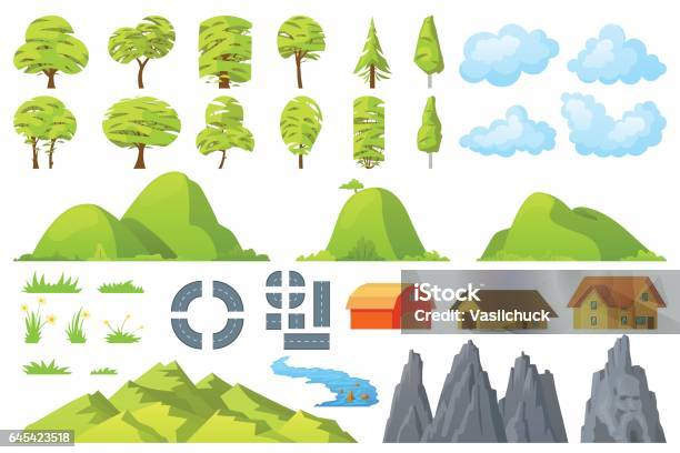 Set Of Landscape Elements Stock Illustration - Download Image Now - Mountain, Hill, River