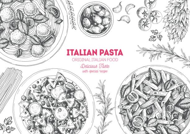 illustrazioni stock, clip art, cartoni animati e icone di tendenza di cornice di pasta italiana. - italian culture ingredient spaghetti food