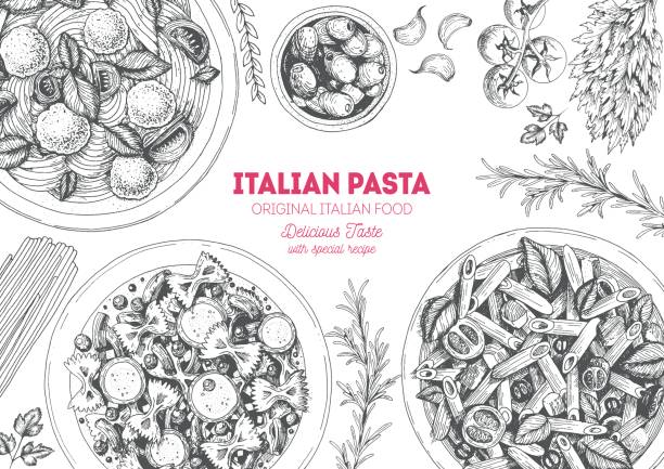ilustrações, clipart, desenhos animados e ícones de quadro de massa italiana. - italian cuisine illustrations