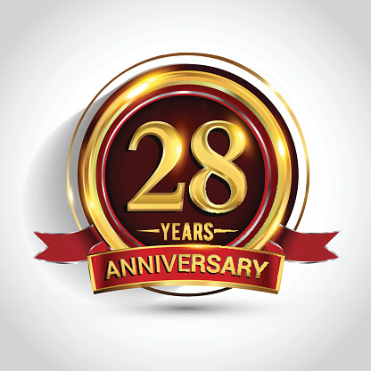 28th golden anniversary logo with ring and red ribbon isolated on white background
