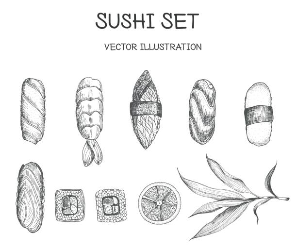 스시 벡터 집합입니다. - sushi nigiri white background red stock illustrations